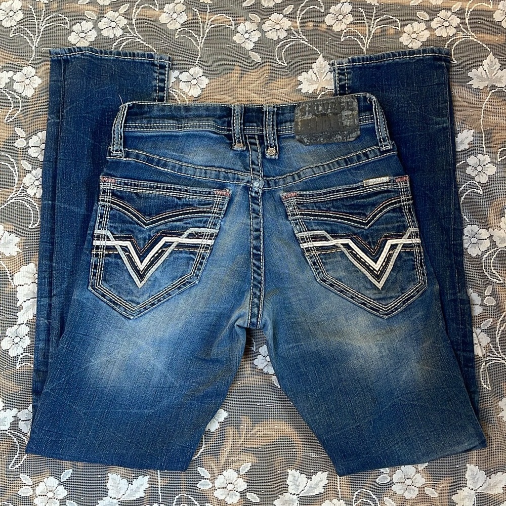 SALVAGE SUPPLY CO BUCKLE DENIM JEANS CONTRAST WHITE STITCHING WESTERN EQUESTRIAN